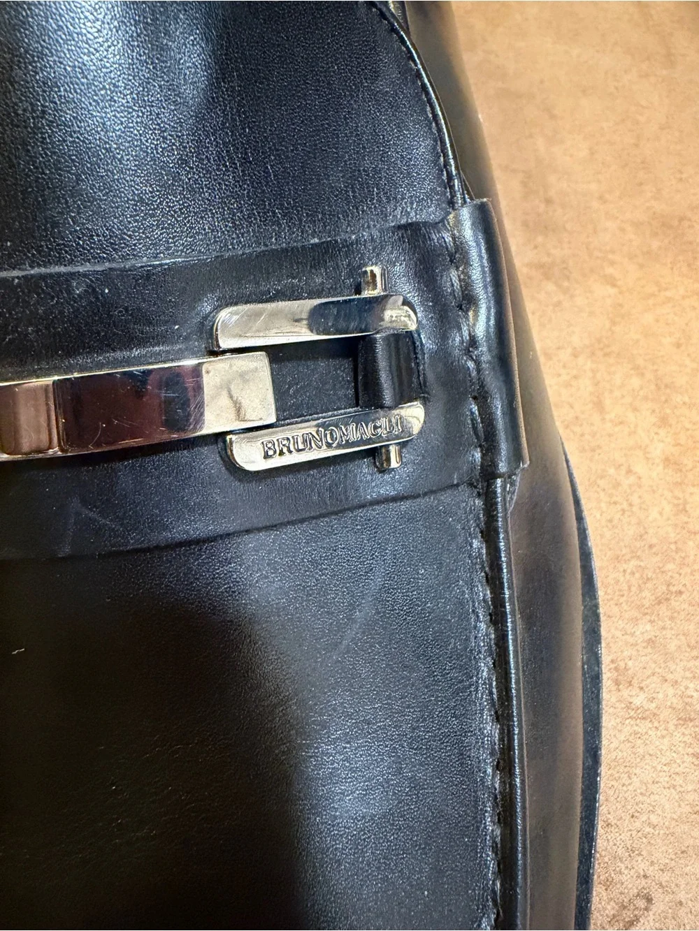 Bruno Magli Black Leather Slip-On Loafers with Silver Bit